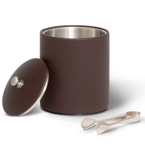 Bentley Pacaya ice bucket in brown leather with lid off