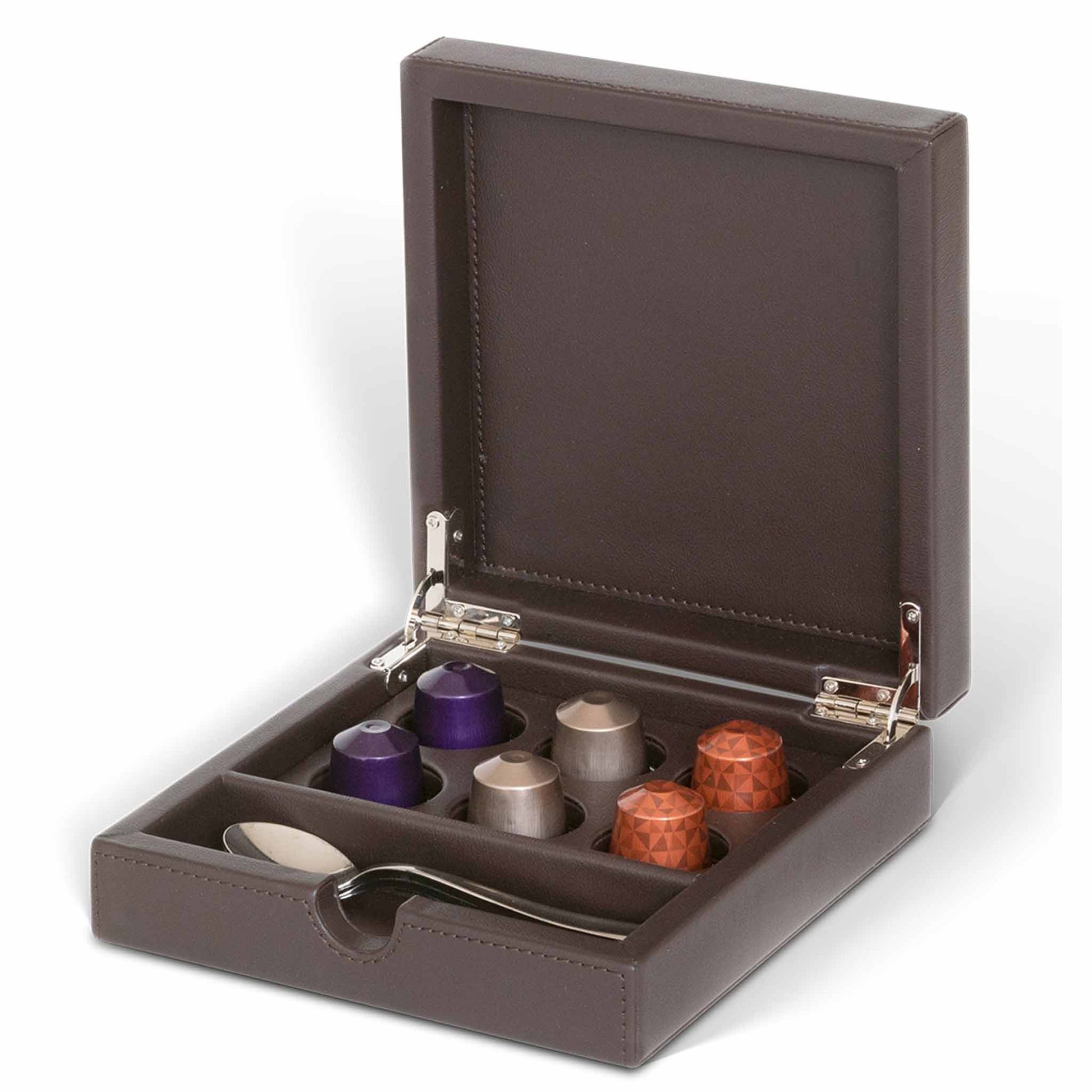 Bentley Yasur condiment box in brown with six coffee pods