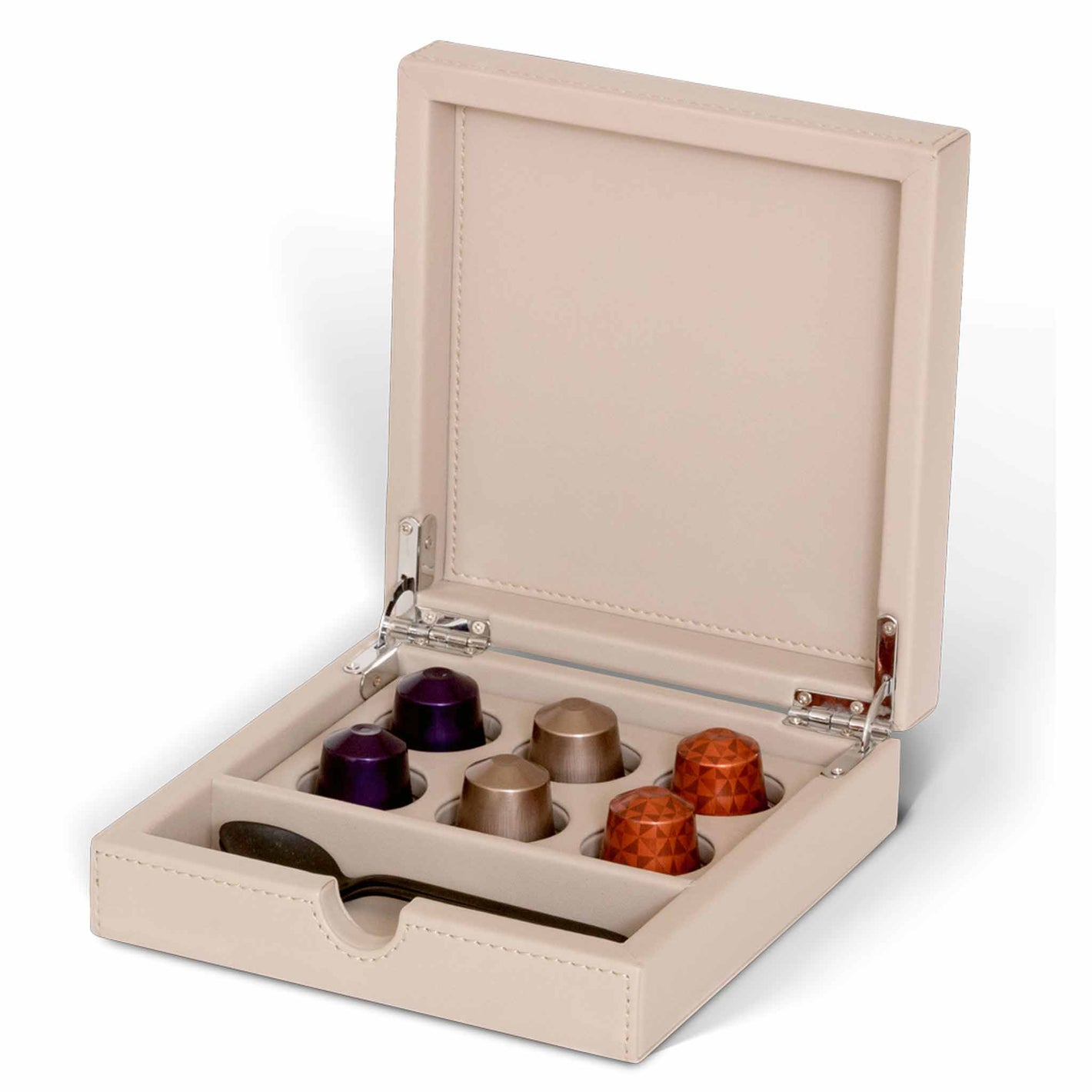 Bentley Yasur condiment box in natural with six coffee pods and spoon