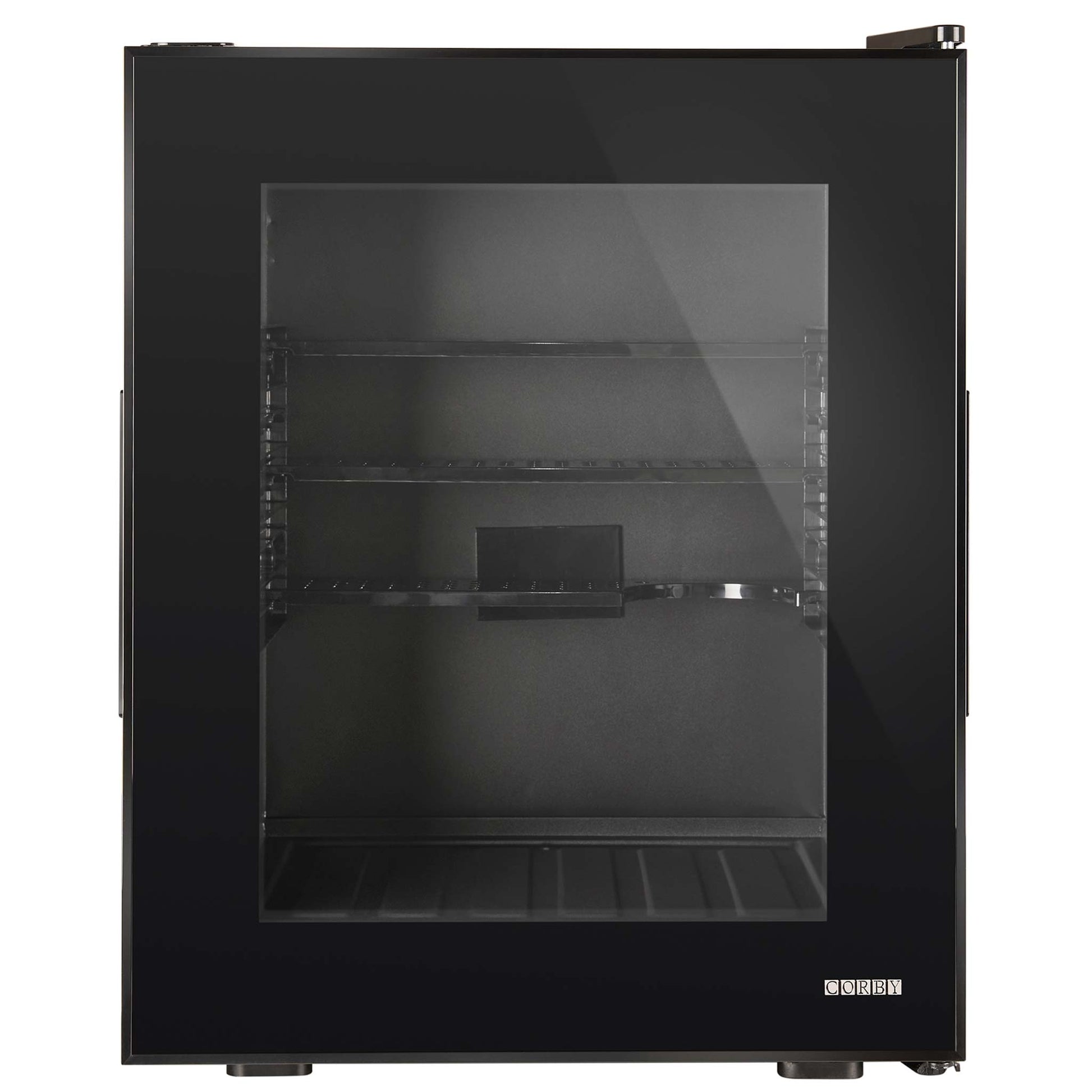 Glass door 35 litre black mini fridge with black interior