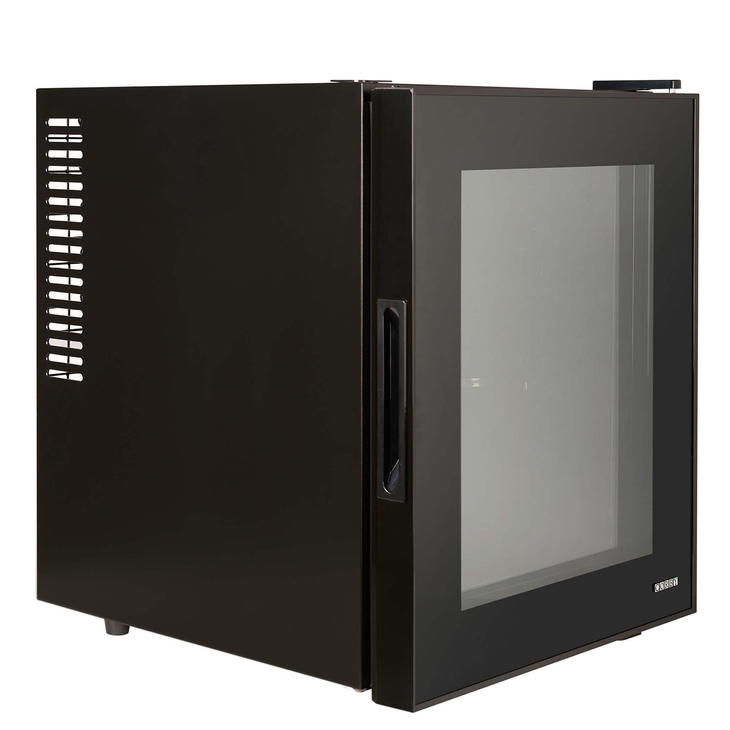 Corby Eton 35 litre mini fridge in black with black interior with glass door