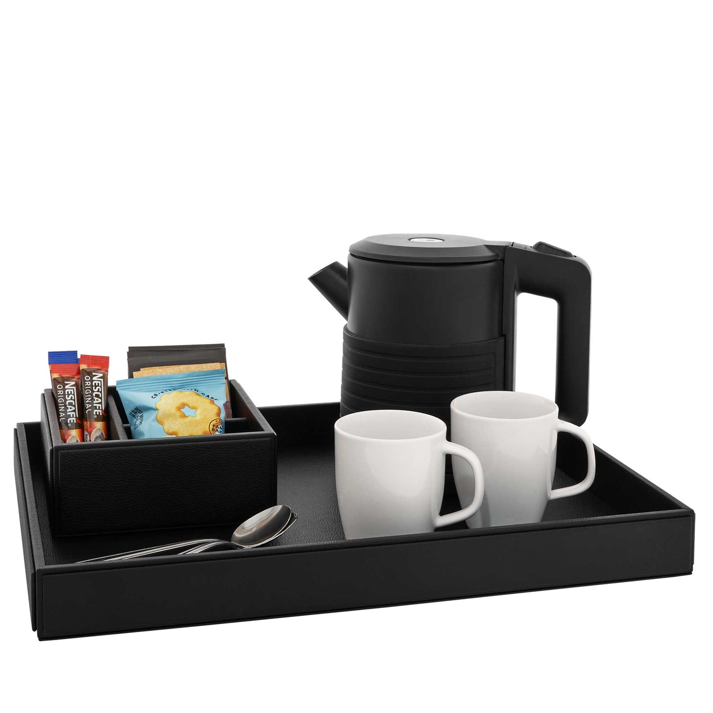 Corby Highland leatherette compact tray in black with hotel kettle