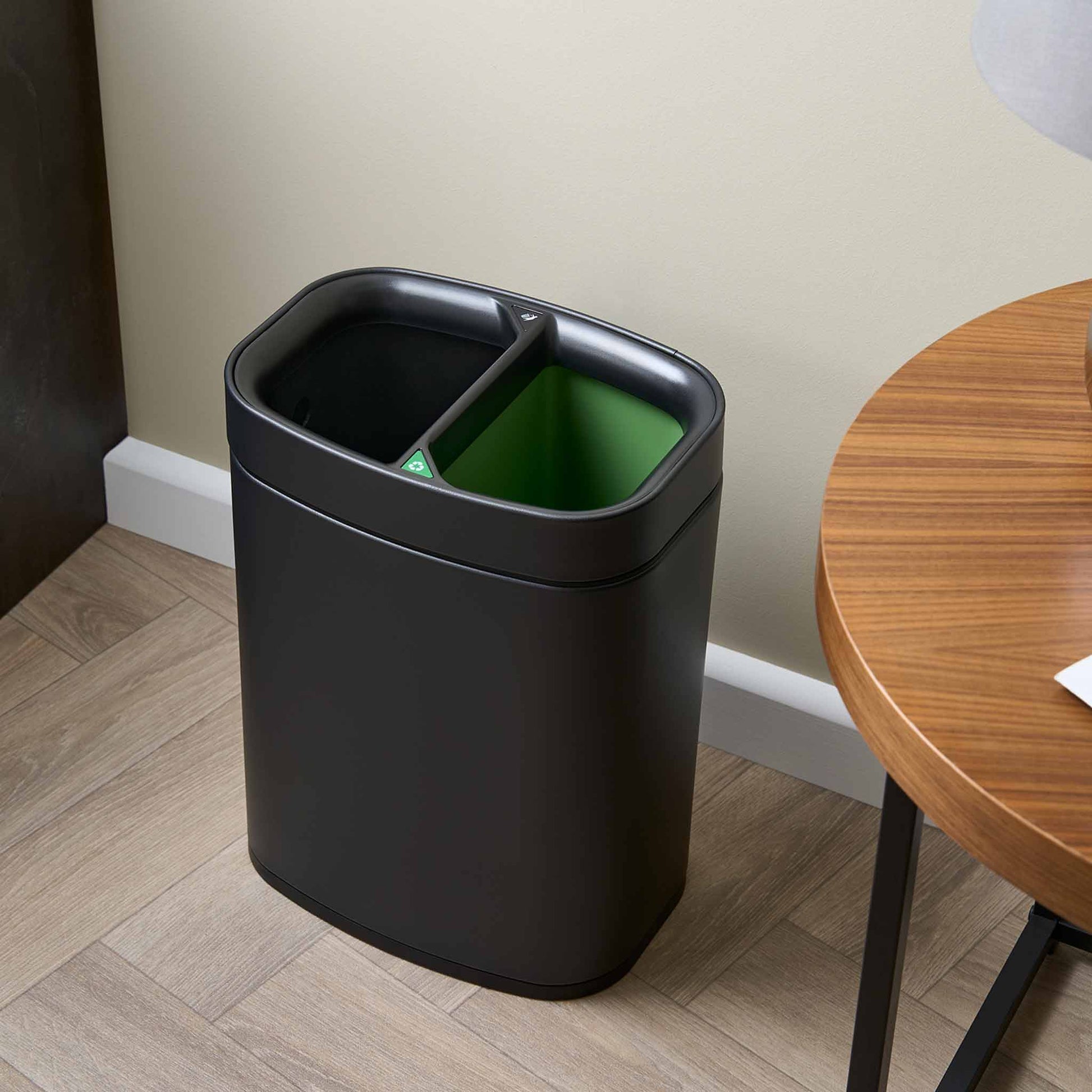 Corby Newport black dual recycling bin in hotel room