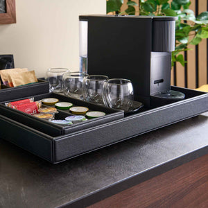 Lifestyle image of black leatherette large Corby Highland hospitality tray