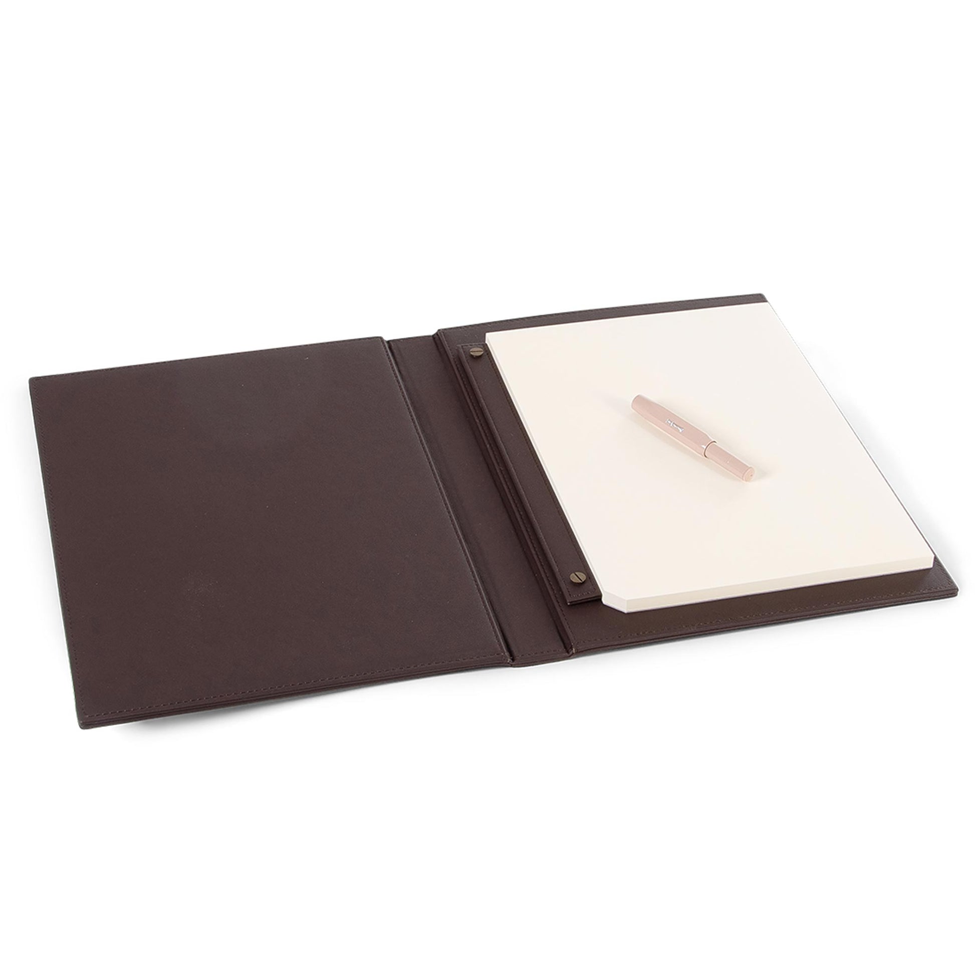 Bentley Krakatoa brown leather folder open with notepad