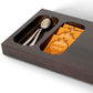 Sachet storage inlays on mahogany Xanthic small hospitality tray